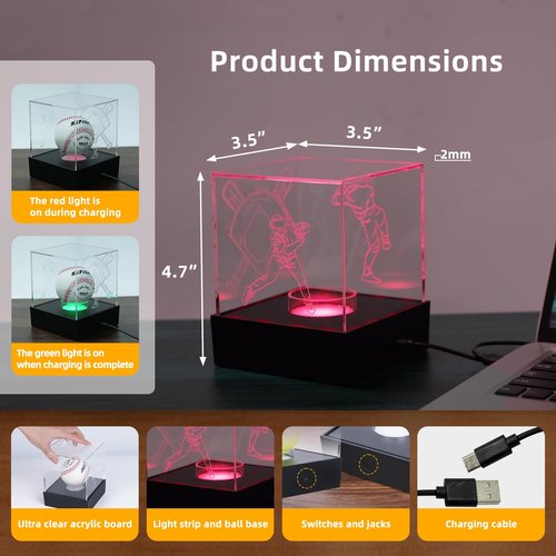Baseball Display Case with LED Light Baseball Holder Display Case with Engravings, Light Up Baseball Case for Display, UV Protected Clear Acrylic Stand Box for Memorabilia, Softball Golf Baseball Case