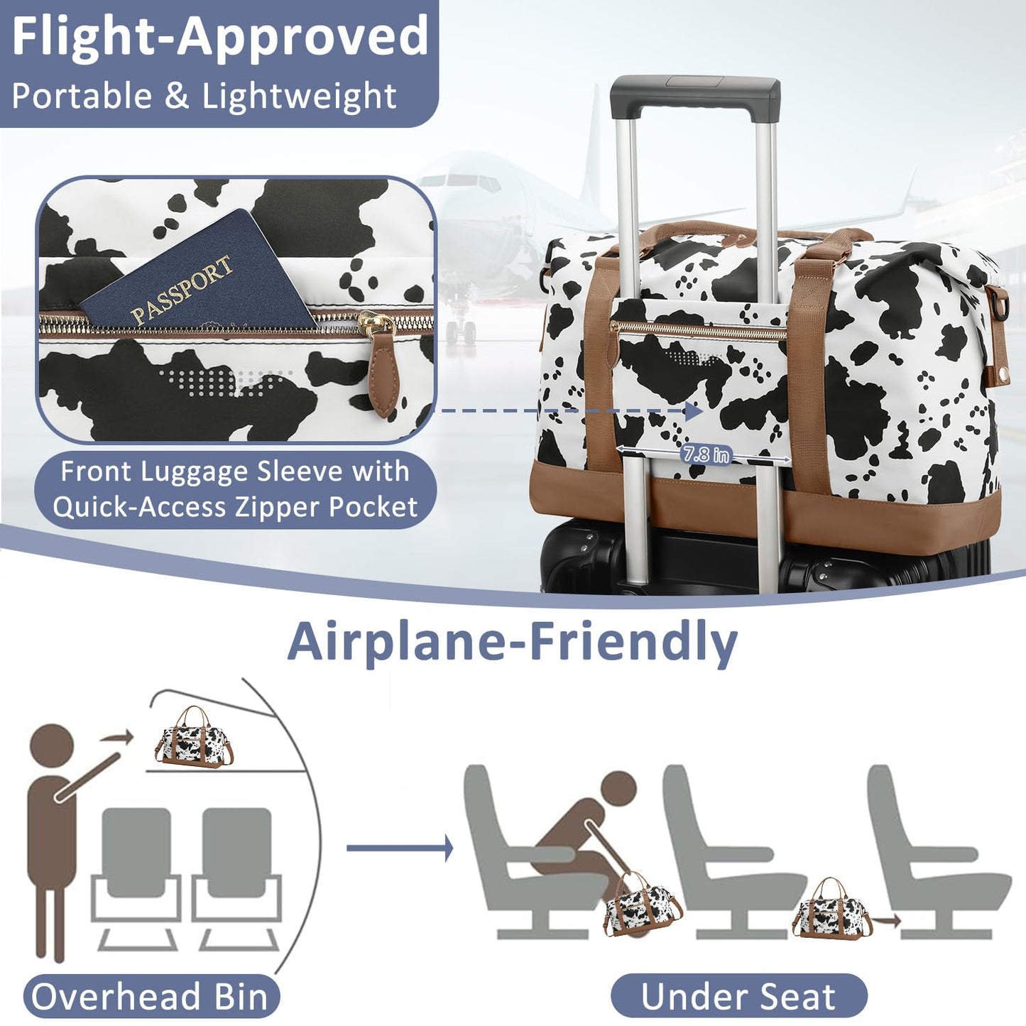 ELONGRIVER Travel Duffle Bag for Women, Weekender Bags, Hospital Bag for Labor Delivery, Lightweight Tote Duffel Overnight Bag with Luggage Sleeve, Airplane Travel Bags with Toiletry Bag, X-Large, Cow