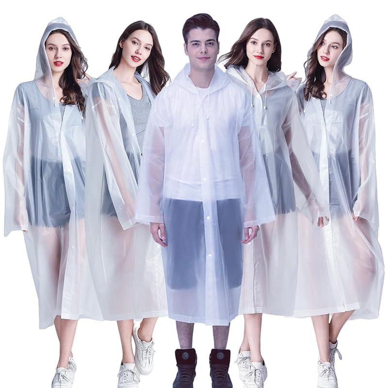 Rain Ponchos for Adults Reusable 2-5 Pack with Hood - Waterproof Rain Coat for Men Women, White (Variation: White X5+One Size)