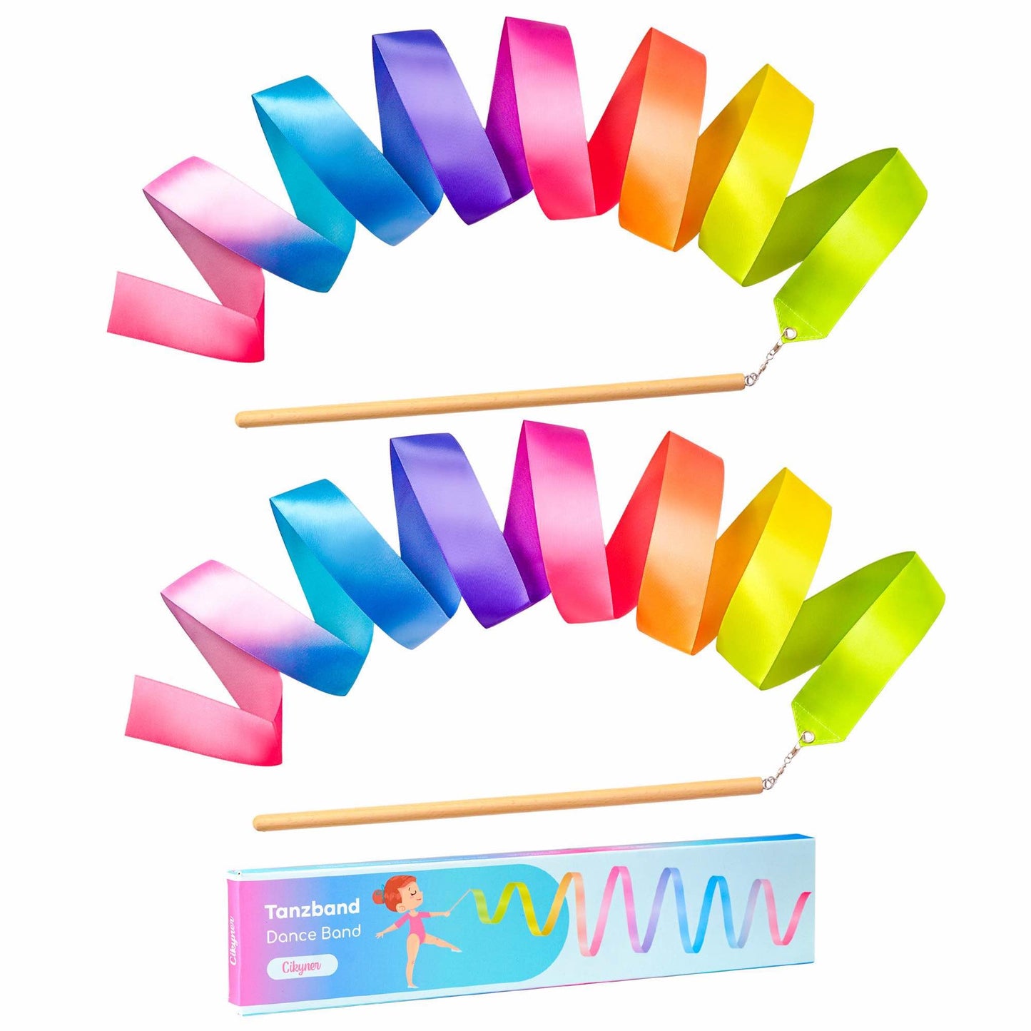 Cikyner Gymnastics Ribbon - 2 Pack Colourful Rhythmic Gymnastics Bands with Premium Beech Sticks | Rainbow Dance Ribbons for Kids, Girls Birthday Party & Easter Gifts | Perfect for Home, School Play
