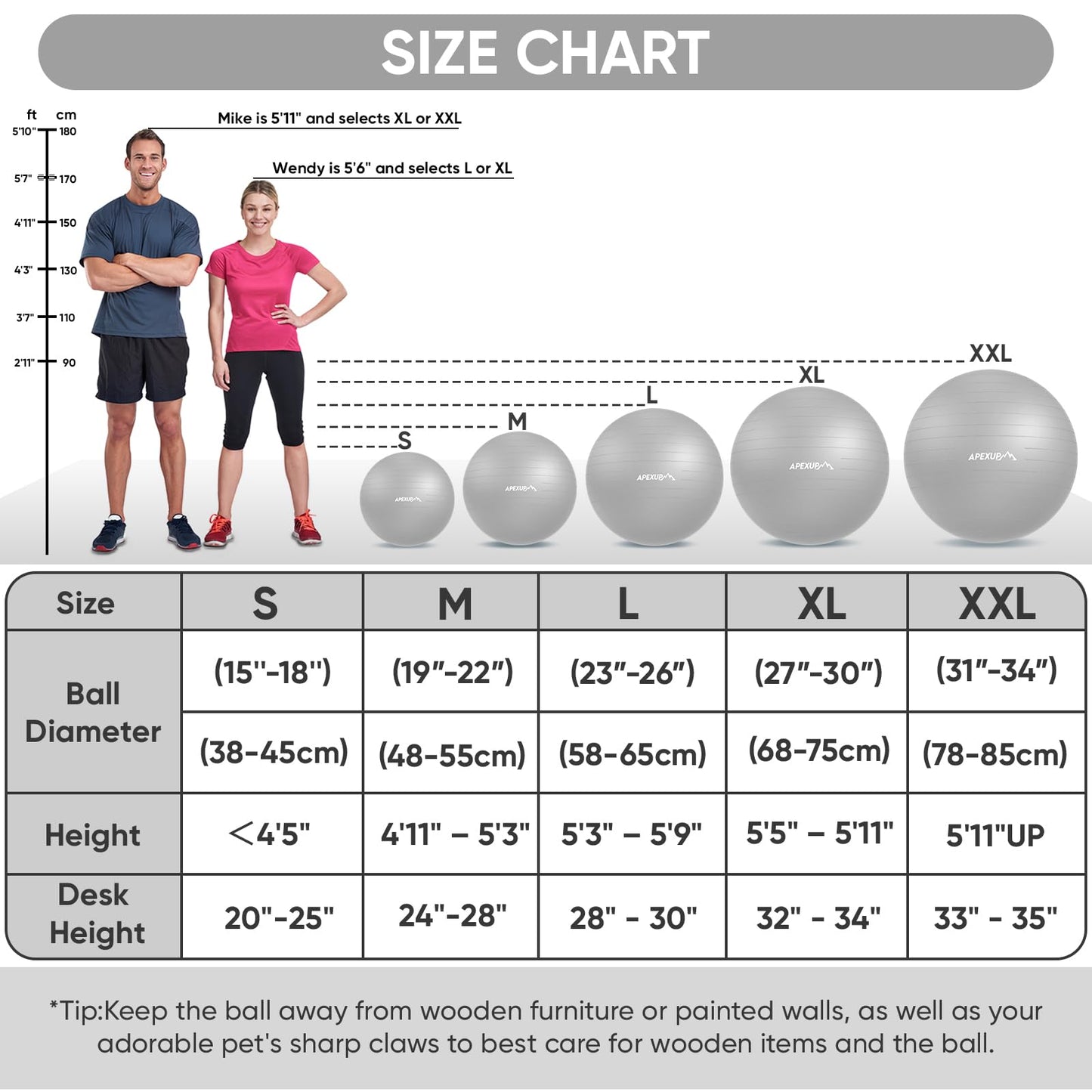 APEXUP Yoga Ball Exercise Ball Anti Slip Heavy Duty for Fitness, Balance & Core Workout, Balance Training, Pregnancy & Physical Therapy, 5 Sizes (XL (27"~30") 75cm, Silver)