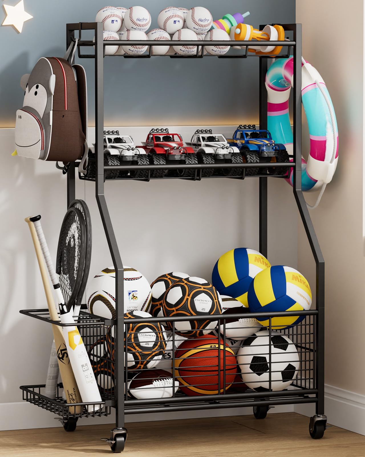 Cerlyunzan Sports Equipment & Toy Storage Rack with Wheels, 3-Tier Ball Organizer for Balls, Rackets & Sports Gear, Large Capacity with Racket Slots & Hooks, for Garage, Home Gym or Backyard – 23" W