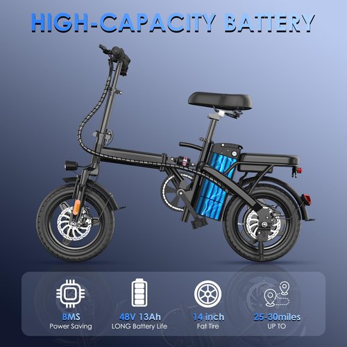 RPINT Electric Bike for Adults 500W Motor,14" Folding Ebike Electric Bicycles with 48V 13Ah Removable Battery UL 2849 Certified, 25 Miles PAS Range, Mini E Bikes for Teens (E14 Black)