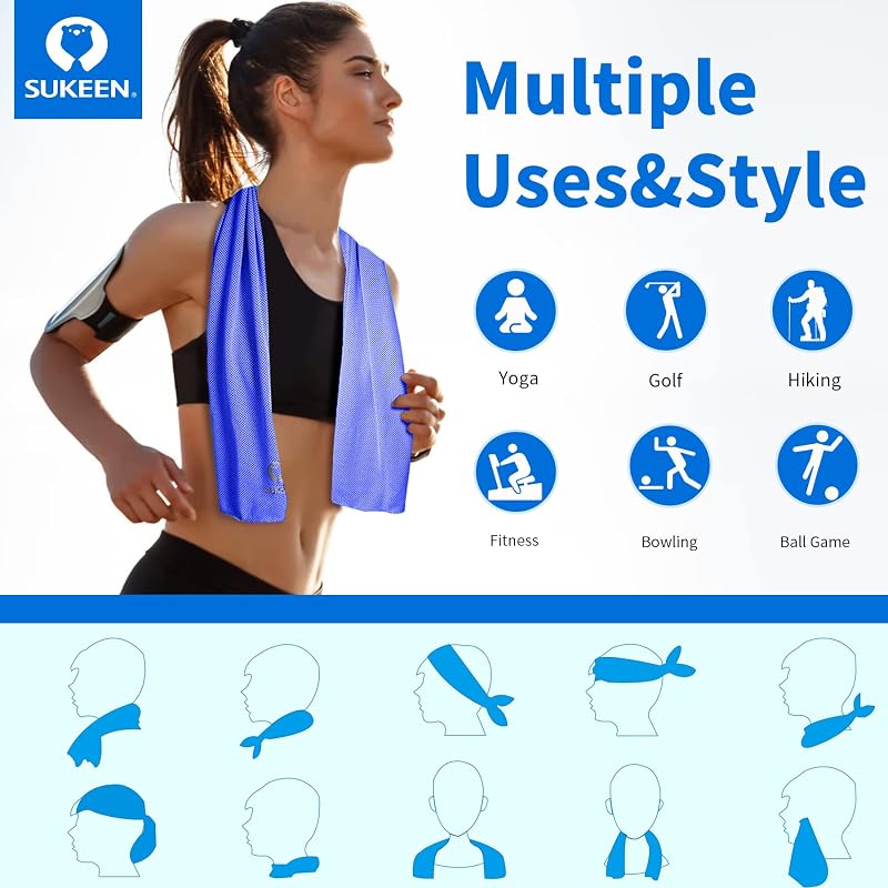 Sukeen 40x12 Inch Cooling Towels for Neck & Face - Blue/Grey/Royal Blue/Black, Reusable Sport Sweat Wrap