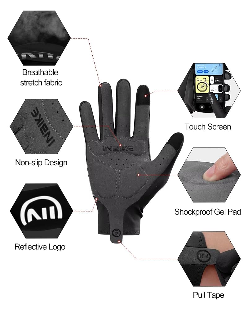 Full-Finger Cycling Gloves with Touchscreen, Reflective Backing - INBIKE Black Large