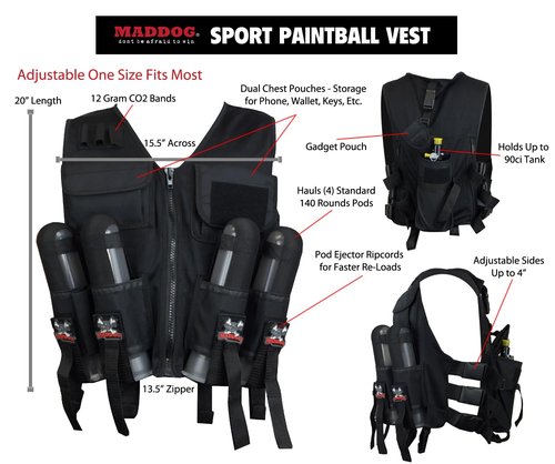 Maddog Lightweight Tactical Paintball Sport Vest with Paintball Tank Pouch and Paintball Pod Holder Attachments | Holds Up to 4 Pods & Tank Up to 90ci