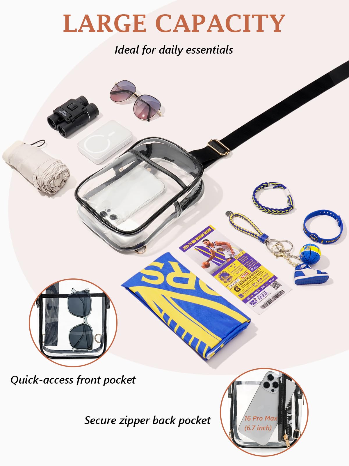 QOECI Clear Bag for Stadium Events 12 x6 x12, Clear Crossbody Bags For Women Men With 2 Extra-Long Staps, Transparent Purses Backpack Sling Belt Fanny Pack Stadium Approved For Concert Sport, Black