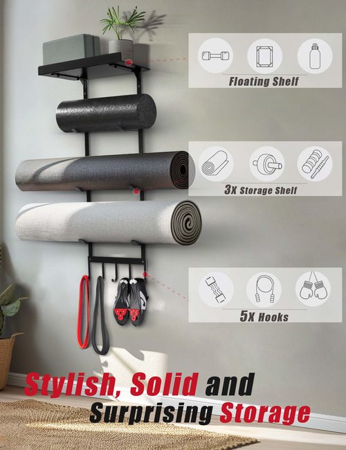 Yoga Mat Holder Wall Mount, Home Gym Storage Rack with Top Flating Shelf, 4-Tiers Holding Yoga Mat/ Blocks/ Rollers and Decorations, 5 Hooks for Resistance Bands, Skipping-Rope, Small Gym Equipment