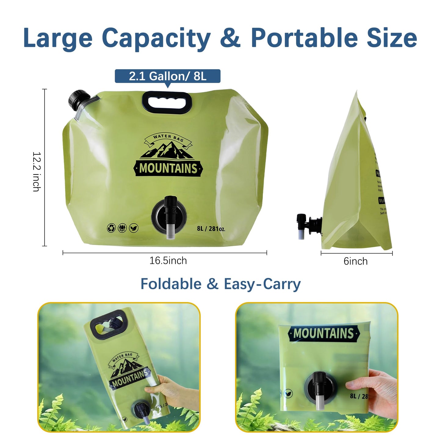 Coipdfty Water Jug Camping 2.1 Gallon Collapsible with Spigot, BPA Free Portable Water Pouch Foldable Water Bags for Outdoor Hiking, Travel and Emergency & Water Storage Containers (Green-1Pcs)