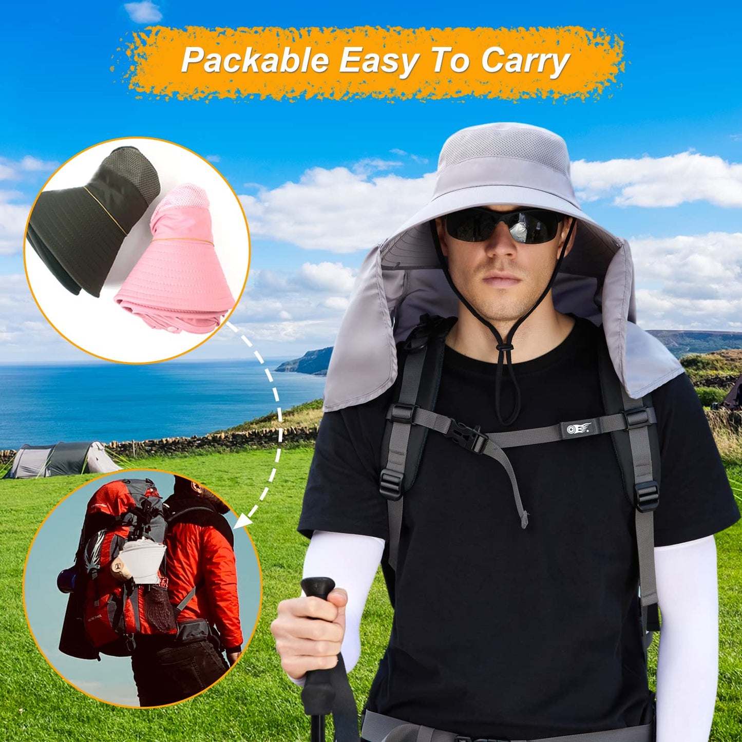 Outdoor Sun Hat for Men with Detachable Neck Flap Cover, Women UV Protection Wide Brim Hats for Safari Fishing Hiking Gardening Bg9215-lightgray