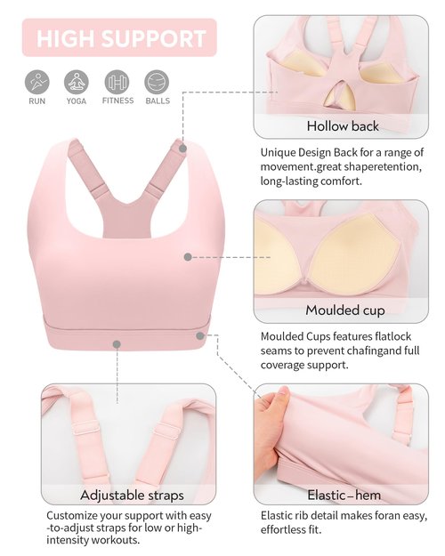 RUNNING GIRL High Impact Sports Bras for Women, Racerback Adjustable Straps Sports Bras for Women with Sewn in Pads_WX3106_Pink_L