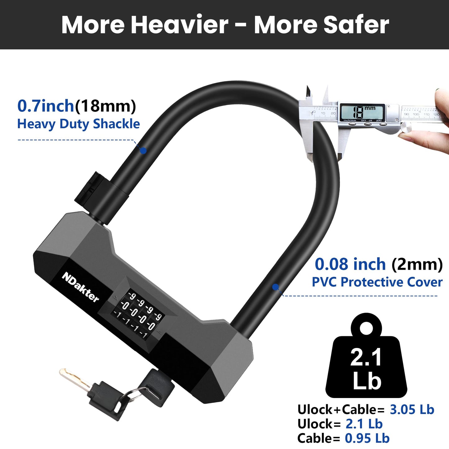 NDakter Bike Locks Heavy Duty Anti Theft, 18mm Bicycle Combo U Lock, 4-Digit Resettable Large Combination Lock with 5FT Steel Cable and Bracket, for Electric Scooter, Ebike, Motorcycle (Blue)