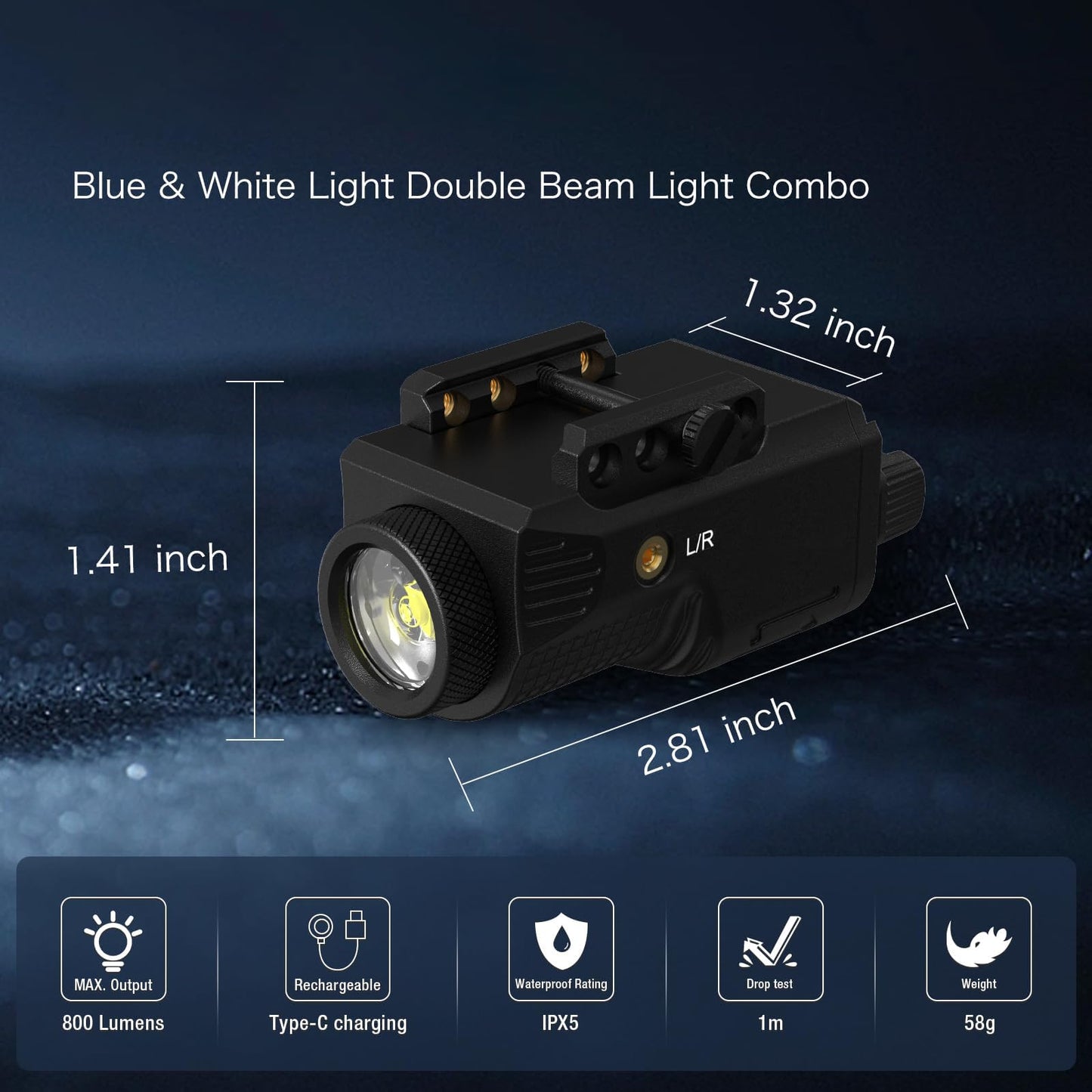 Laser Light Combo for Pistol Rifle- 800 Lumens Laser Beam and Flashlight for Handgun with Picatinny 1913 Rail, Tactical Flash Light Blue Gun Beam Laser Light Combo, USB C Rechargeable 500mAh Battery