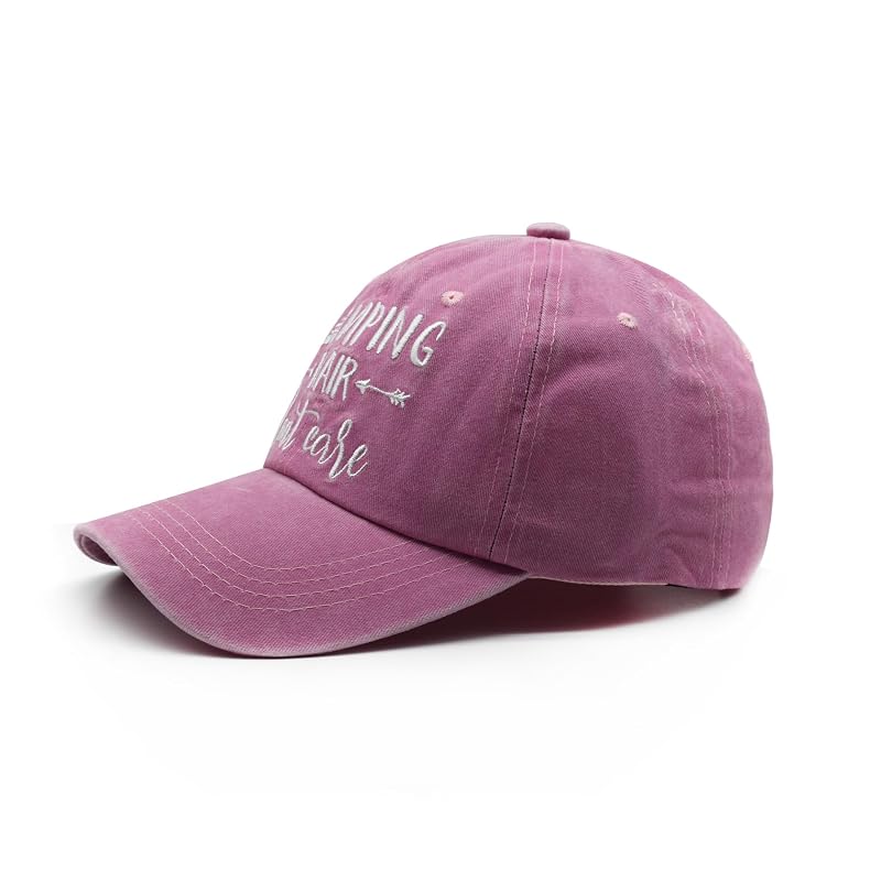 Women's Pink Embroidered Camping Hair Don't Care Adjustable Baseball Cap