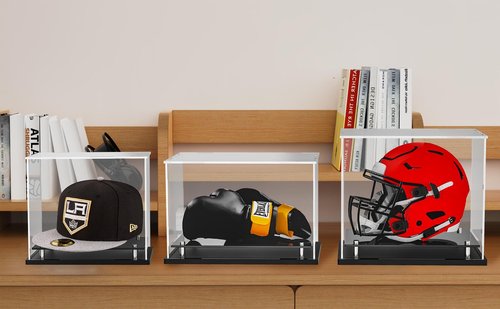 WANLIAN Clear Hat Display Case, Acrylic Baseball Cap Holder Stand with Stainless Steel Risers, Perfect for Sports Caps & Mini Helmets (8.6x7.9x7inch, L*W*H)