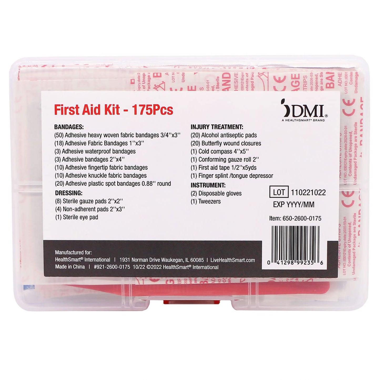 DMI 175-Piece First Aid Kit for Minor Injuries, Cuts and Scrapes, All-Purpose, Portable and Convenient, Includes Bandages, Injury Treatment, Dressings, and Instruments, HSA & FSA Eligible