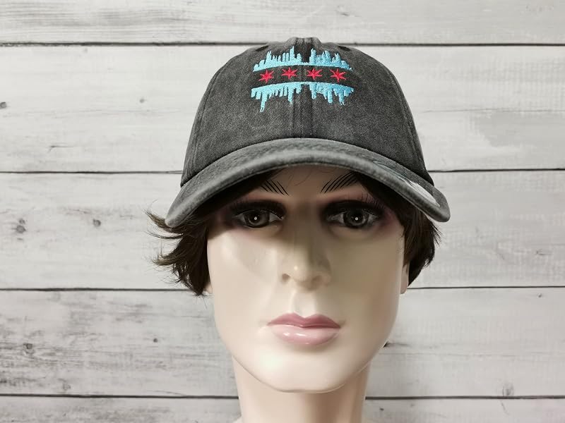 Chicago Illinois Skyline Flag Baseball Cap - Washed Black, Unisex, One Size