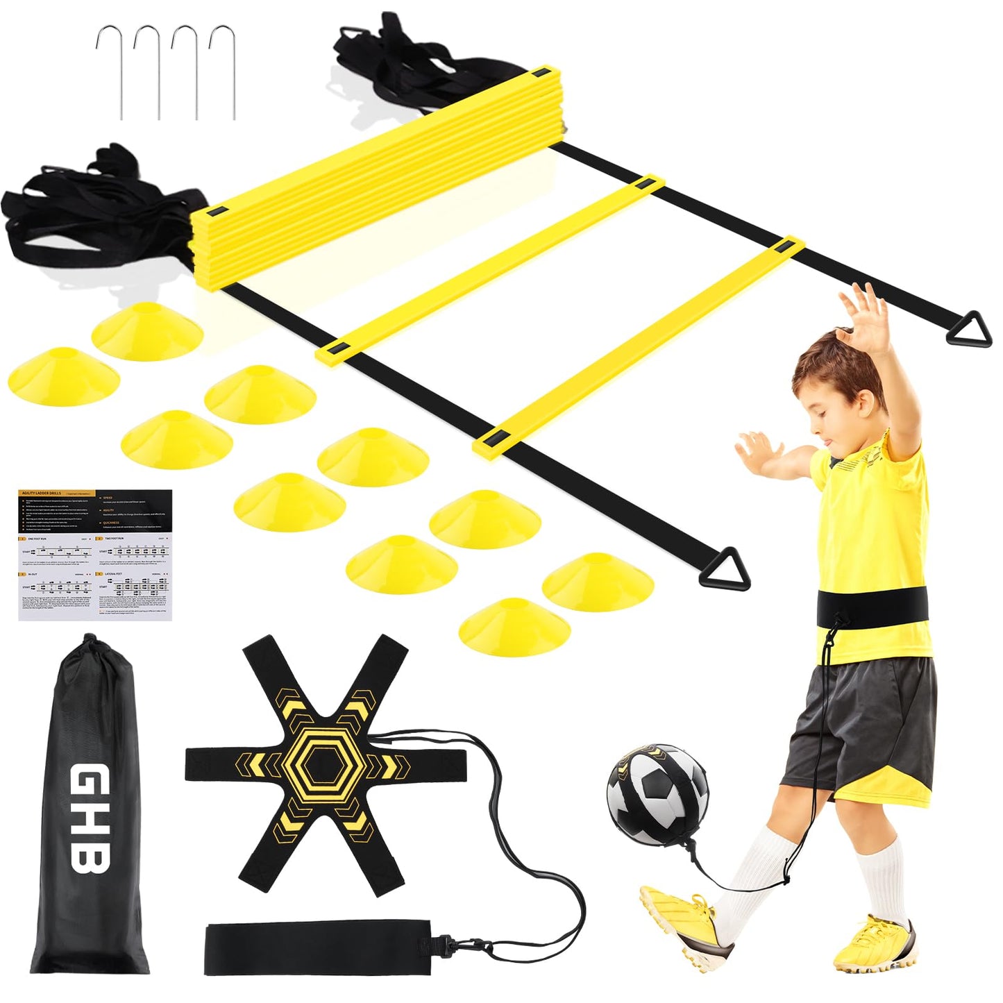 GHB Pro Agility Ladder Soccer Kick Trainer Set 20ft 12 Rung 10 Cones and 4 Stakes Speed Agility Football Training Equipment with Carrying Bag (Yellow)