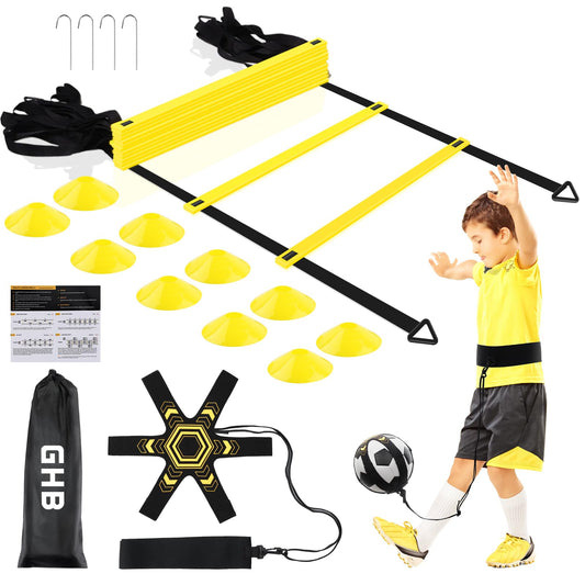 GHB Pro Agility Ladder Soccer Kick Trainer Set 20ft 12 Rung 10 Cones and 4 Stakes Speed Agility Football Training Equipment with Carrying Bag (Yellow)