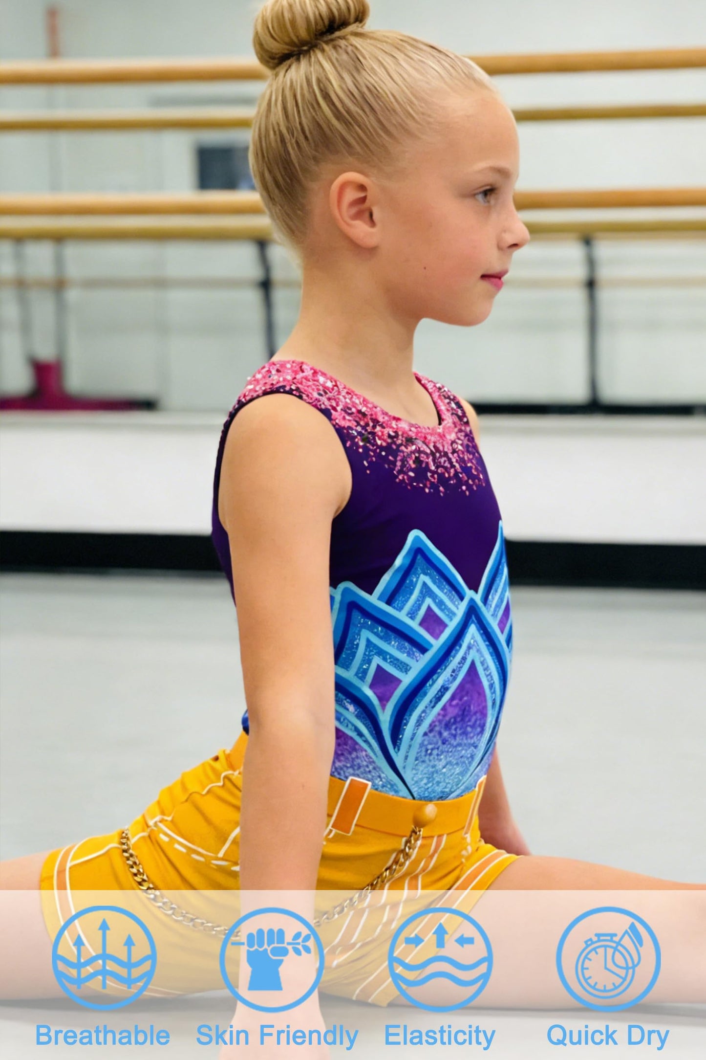 Funnycokid Gymnastics Leotards for Girls Kids Sparkly Ballet Unitard One Piece, Lotus blue, 4-5T