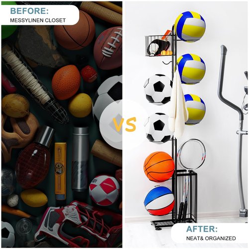 melos 7 Tier Basketball Ball Storage Rack, Freestanding Basketball Holder Garage Ball Storage Sport Organizer Rack with Basket for Volleyball Football Basketball, Indoor/Outdoor