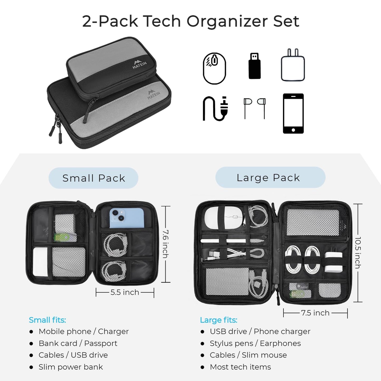 MATEIN Cord Organizer Travel Case, Cable Storage Bag, 2 Pack