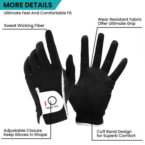 FINGER TEN Golf Gloves Men Right Left Handed Golfer Mens Glove RainGrip Hot Wet Weather Value 6 Pack, All Weather in Black X-Large (Black, Medium/Large, Left)