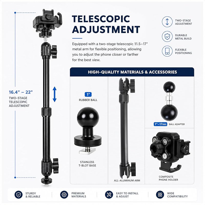Kayak Phone Holder with Vibration Dampener & 11.5"-17" Aluminum Telescopic Arm, 1" Track Ball Base, 360° Rotation, Camera-Friendly