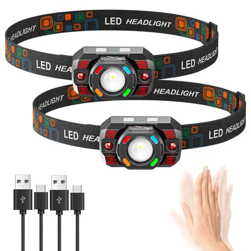 Headlamp Flashlight, 500 Lumen Ultra-Light Bright LED Rechargeable Headlight with White Red Bule Light,2-Pack Waterproof Motion Sensor Head Lamp,10 Modes for Outdoor Camping Running Hiking Fishing