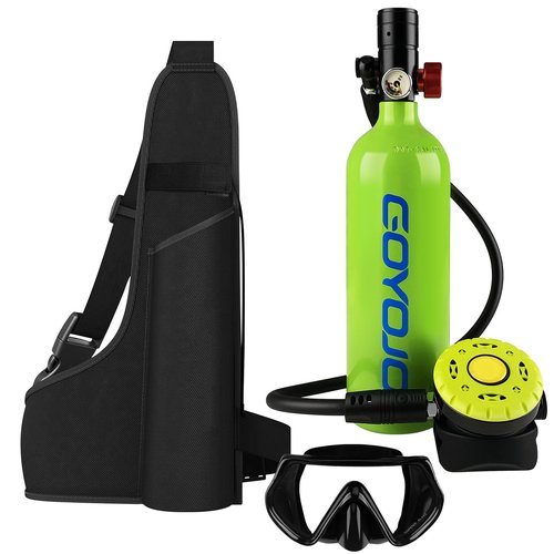 GOYOJO 1L Mini Scuba Tank with Mask – DOT Certified Portable Diving Air Tank, 3000 PSI Max Pressure, Pony Bottle Underwater Breathing Device for Snorkeling & Scuba Diving (Green)