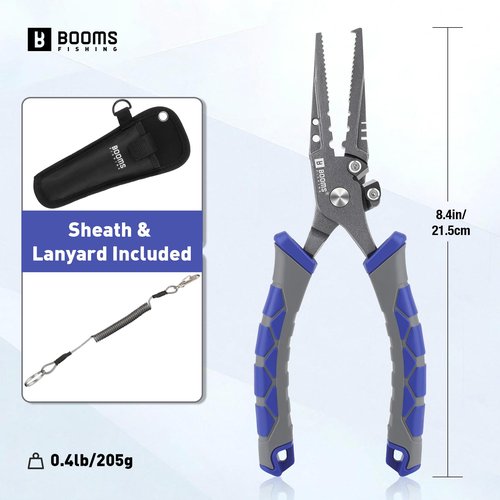 Booms Fishing Multi-Function Pliers Saltwater: 8.5" Carbon Steel Saltwater Fishing Pliers with Hook Remover, Split Ring Tool, Braid Cutters & Crimper for Freshwater & Saltwater Anglers, XW12