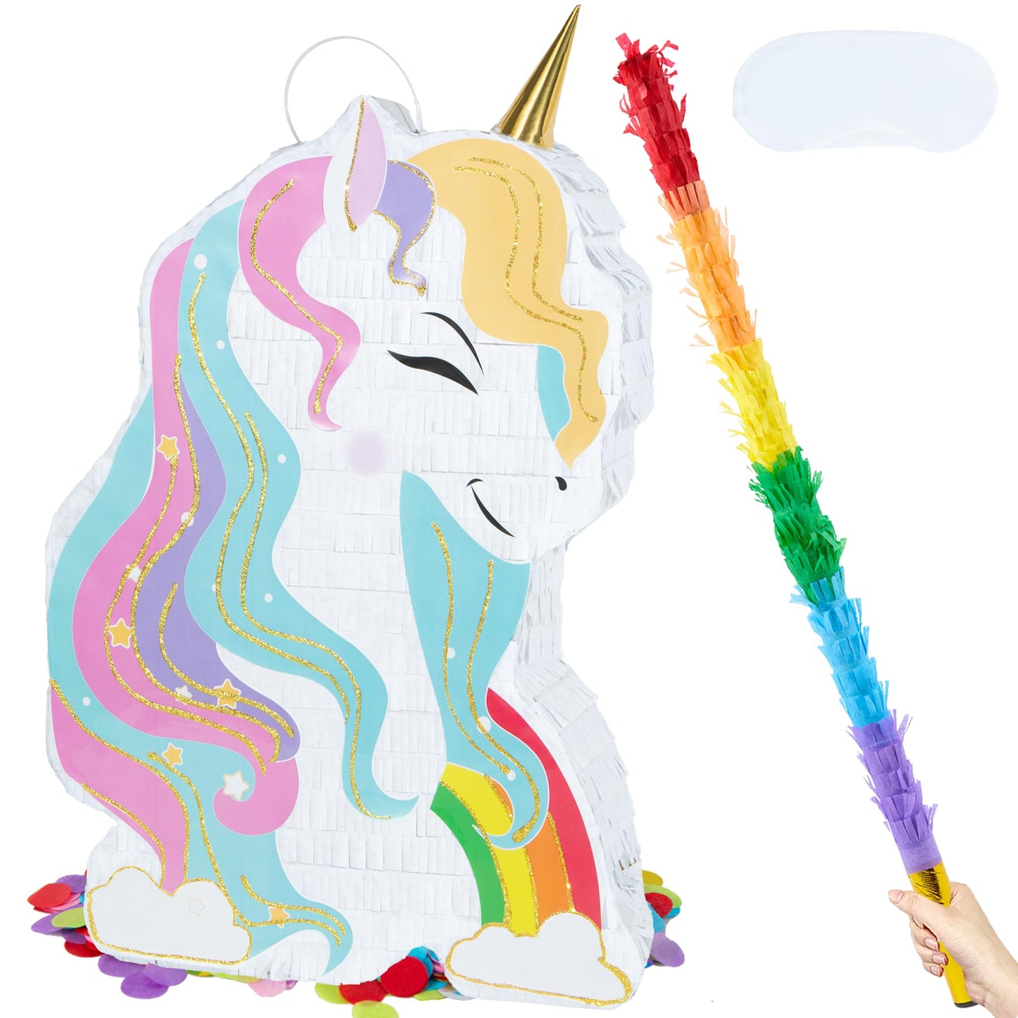 PCFING 20 Inch Unicorn Piñata with 30 Inch Piñata Stick Blindfold Confetti for Boy Girl Fantasy Princess Birthday Party Game Decorations, Anniversary Celebration, Fiesta
