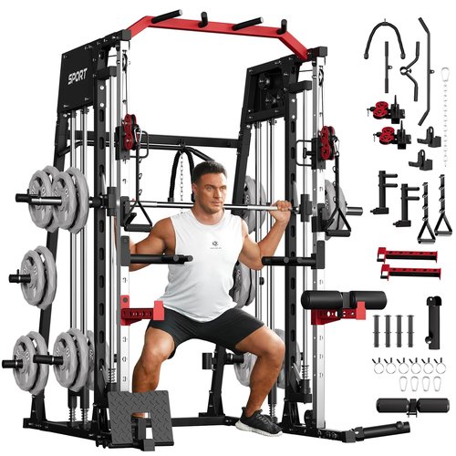 Smith Machine for Home Gym, Multifunctional Strength Training Power Cage with T Bar, Lat-Pull Down System and Cable System, 2200 Lbs Squat Rack with More Training Attachment, Black and Red