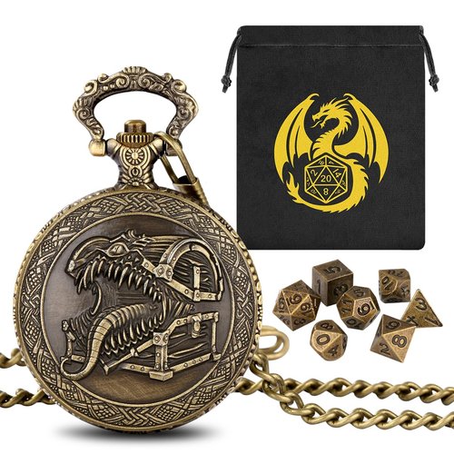 Mini DND Dice Set, with Steampunk Tongue Treasure Chest Pocket Watch Shell Case, 7-Piece Polyhedral Metal D&D Dice, DND Gift Bag with Dragon Logo, RPG, Role Play Board Game Accessories, Bronze