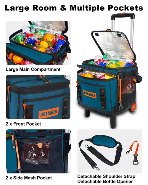 Dreamza Soft Cooler with Wheels, 60-Can Wheeled Cooler with Handle, Leak Proof Rolling Cooler Insulated Bag with All-Terrain Cart, Collapsible Rolling Ice Chest for Beach Picnic Camping Grocery