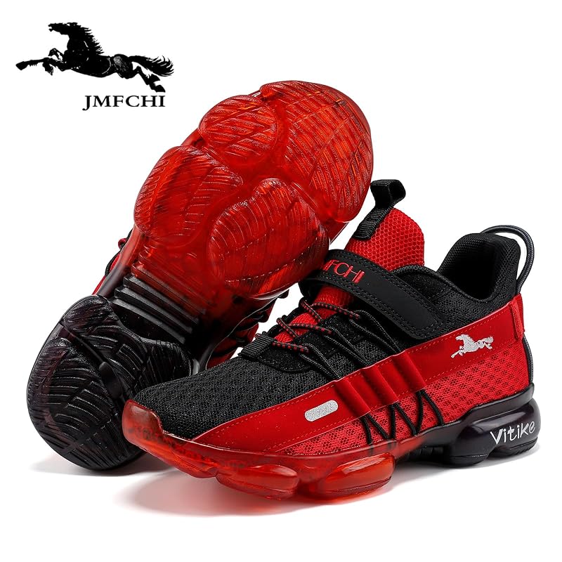 Kids Sneakers Running Shoes Boys Girls Knitted Mesh Elastic Lace Black/Red-8100+8