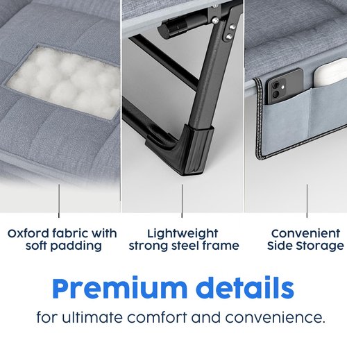 SnozeFlex Chaise Lounge Chair, Folding Cot, 6-Angle Adjustable Camping Cot with Mattress for Patio and Beach, Foldable Bed Portable Heavy Duty Lay Flat Reclining with Pillow (Gray, M - 70'')
