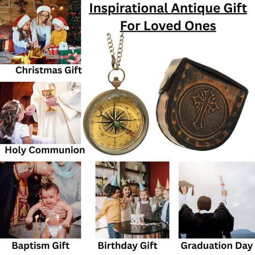 Antique Brass Compass with Leather Case ''Trust in The Lord'' – Birthday, Wedding Anniversary, Baptism, Confirmation, First Communion, Retirement Gift for Boys, Son, Daughter, Mens, Husband, Women