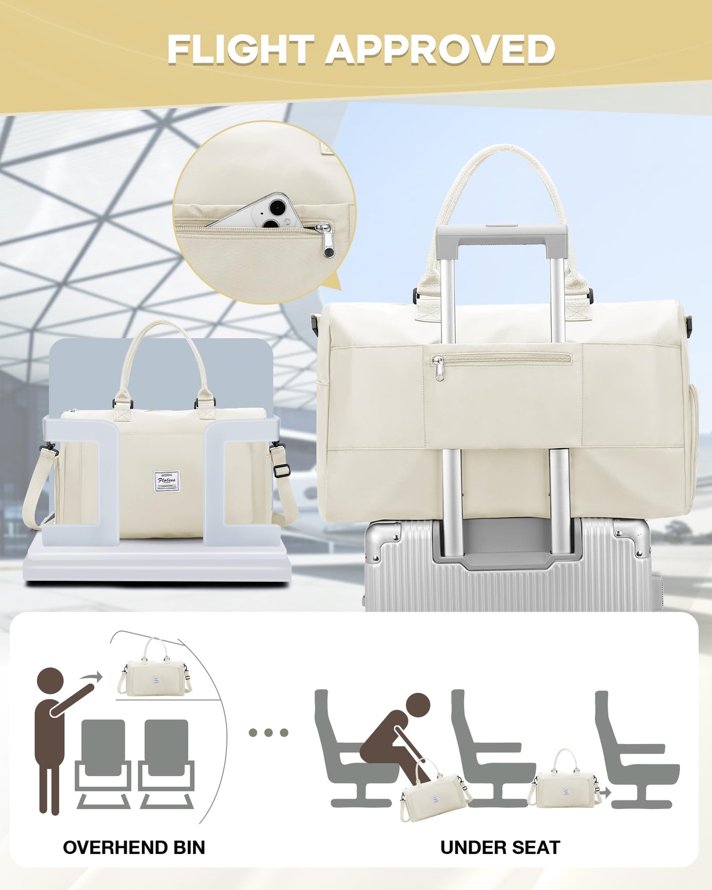 Gym Bag for Women Men Duffle Bags for Travel with Shoe Compartment Shoulder Weekender Overnight Carry on Tote Bags for Airplane Beach Bag Workout Yoga Sport Swimming Cream White