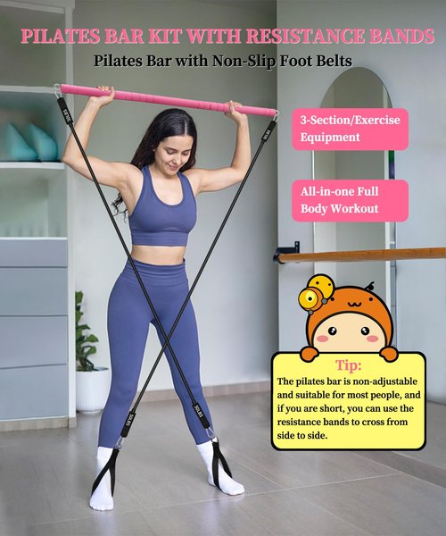 Multifunctional Portable Stackable Pilates Bar Kit with Resistance Bands, Door Anchor for Resistance Bands-Home Gym Equipment with Handles - Pilates Flexbands Supports Full-Body Workouts for Yoga Pink
