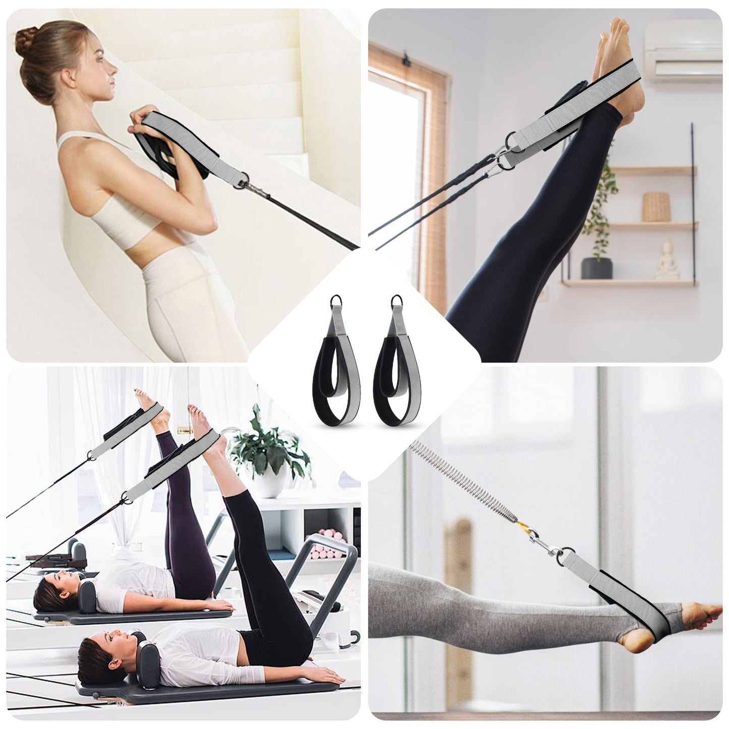 2PCS Pilates Double Loop Strap for Reformer Fitness D-Ring Straps Handle, Yoga Pilates Equipmen D-Ring Exercise Strap for Gym Workout Home(Silvery Gray)
