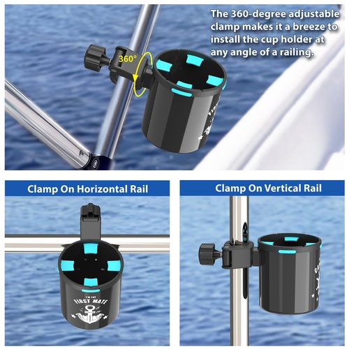 Botepon Marine Boat Rail Cup Holder - Tool-Free Clamp for Bimini Top Rail, Grab Bar & Boat Ladder | Boat Gifts for Men/Women, Boaters Who Have Everything | Pontoon Boat Accessories, PWC & Jet Ski