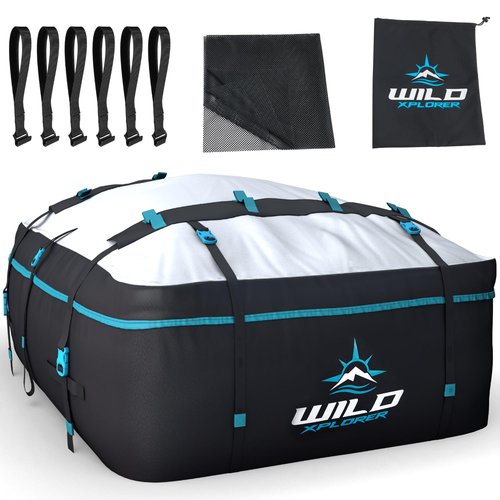 Wild Xplorer Rooftop Cargo Carrier - 19 Cubic Feet (XL), Waterproof Soft Shell Car Roof Cargo Carrier, Heavy Duty Car Top Luggage Cargo Bag with Patented Door Hooks and Non-Slip Mat