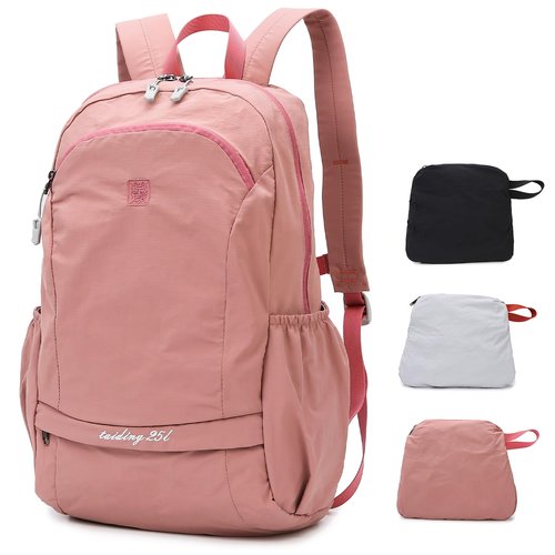 Outplea 25L Foldable Hiking Backpack for Men Women, Gym Backpack with Waterproof Pocket, Small Packable Collapsible Daypack for Travel, Pink