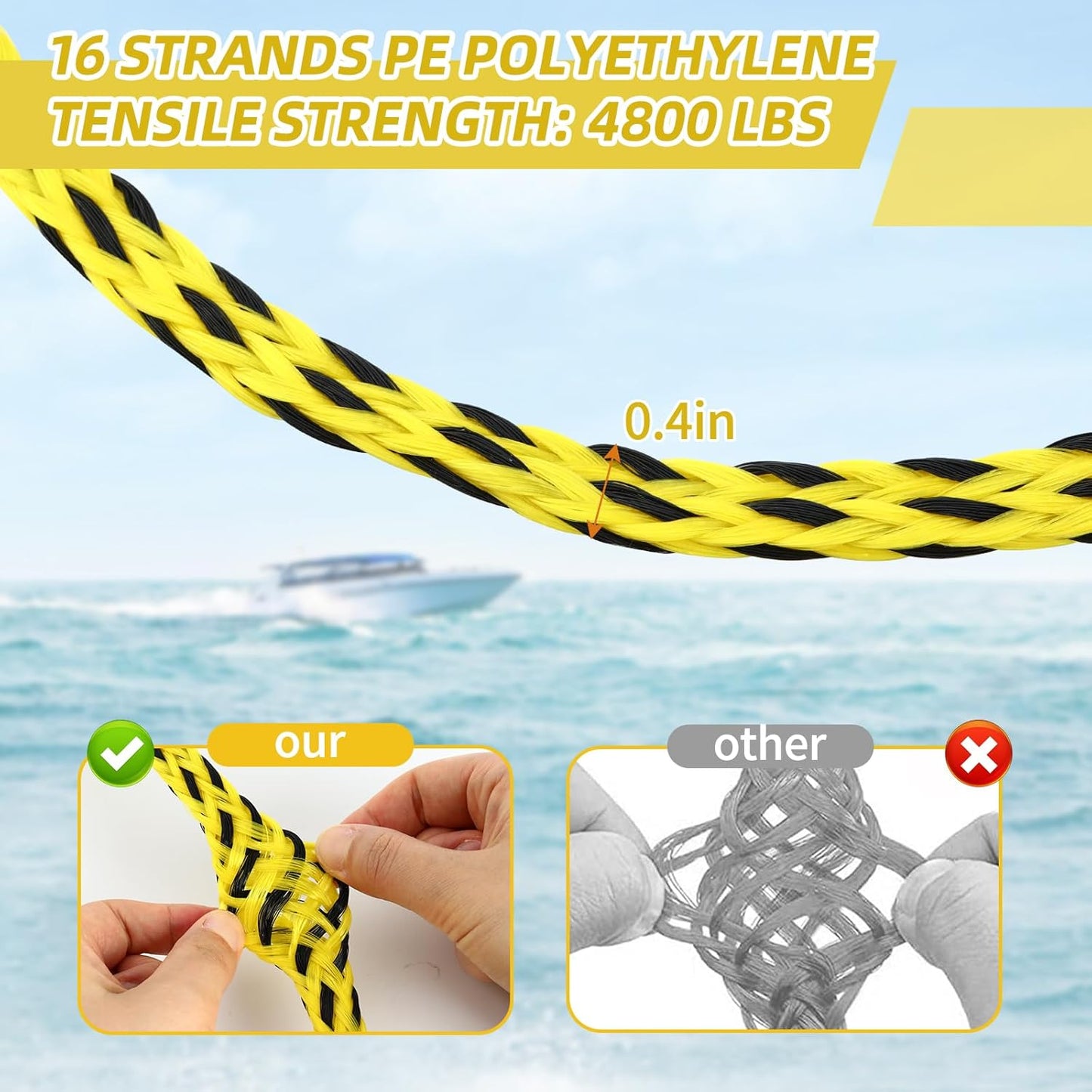 16FT Tow Rope for Tubing Tow Harness with Pulley Water Sport Lines Water Sports Tow Rope Heavy Duty Boat Tow Harness with 2 Stainless Steel Hook