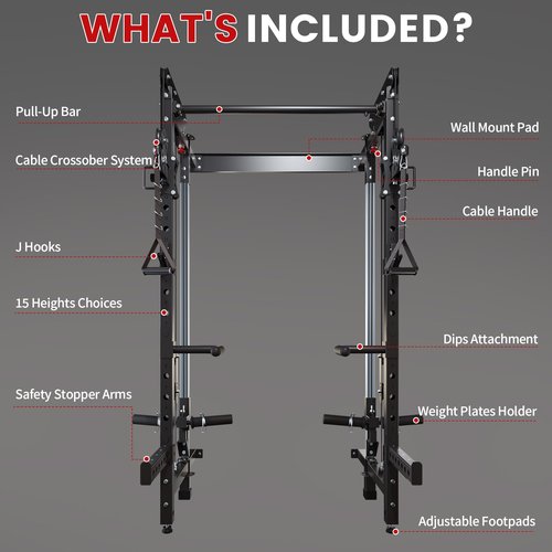 Folding Squat Rack - Wall Mounted Power Rack Cage Home Gym with Cable Crossover Machine & LAT Pull Down - Functional Trainer with 5 Adjustable Function Modes - with Safety Arm and Dips Attachment