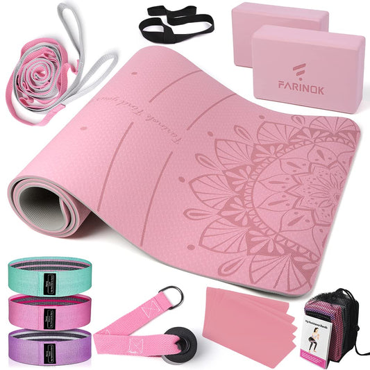 1/3 Pink Yoga Mat Thick, Yoga Set for Beginners Include High Density Pink Yoga Mat with Multi-loops Strap, Blocks, Booty Resistance Band Set, Door Anchor, Carring Strap