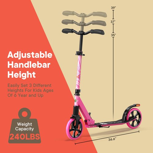 Campior Kick Scooter for Ages 6+, for Kids, Teens, and Adults, Max Load 240 LBS, Foldable, 8-inch Big Wheels for Kids and Adults, with Kickstand, 3 Adjustable Levels, Child Safety Approved, Pink