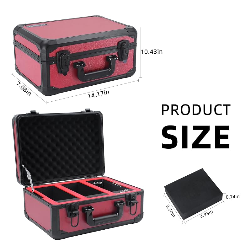 Graded Card Storage Box Red 3-Slot Aluminum Case 14.17x11.2x7 in