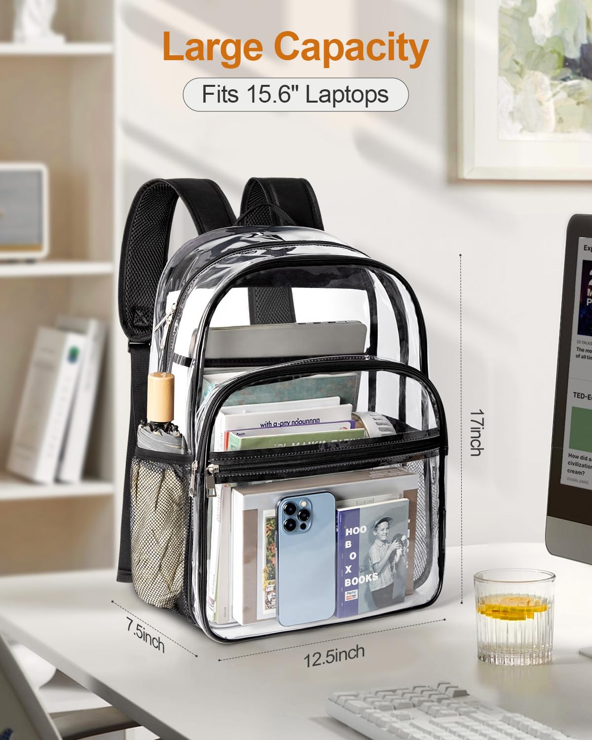 KIMNERPU Clear Backpack, Heavy Duty Transparent Bookbag for School with Reinforced Strap for Women, Men, Capacity Bag for College Clear